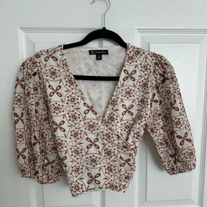 INC International Concepts Brown and White Embroidered Crop Top